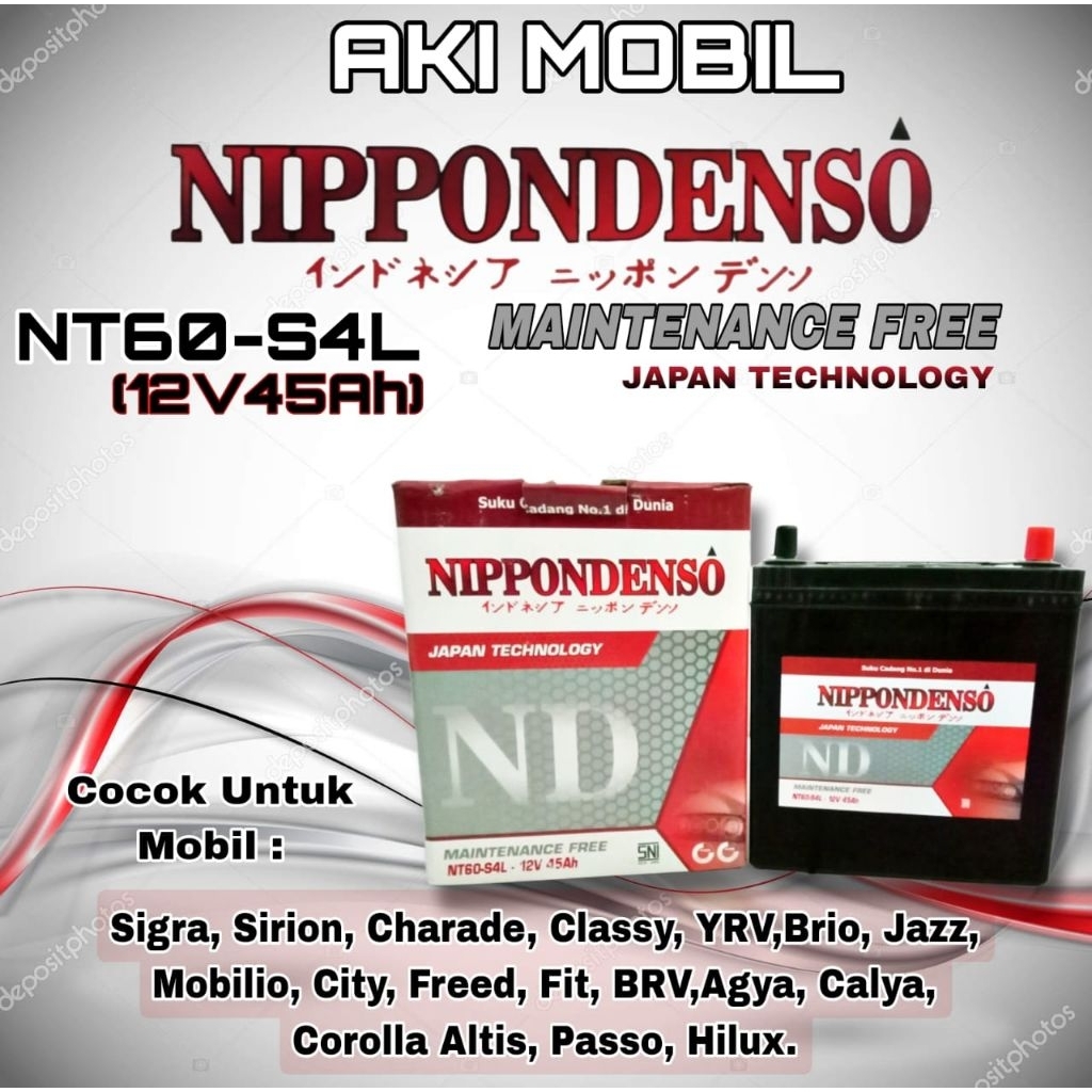 AKI MOBIL AMPER BESAR KERING JAZ MOBILIO SIGRA CALYA BRIO DLL NIPPONDENSO NT60-S4L/NS40ZL 12V 45AH K