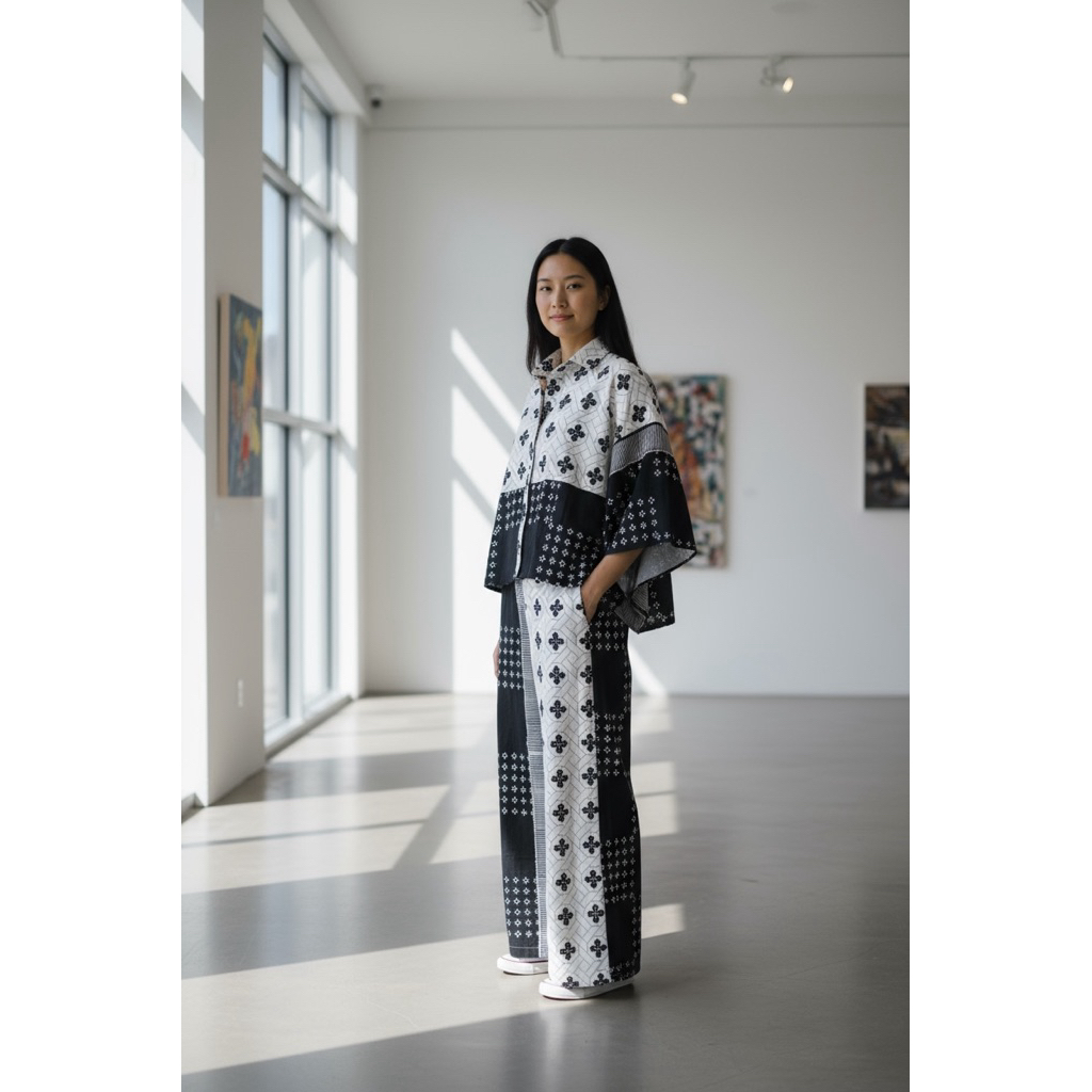 Blus batik wanita batwing patchwork hitam putih