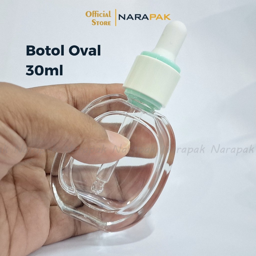 Botol Kaca 30ml Bentuk Oval Bening Pipih Tutup Putih List Hijau Unik Pipet Tetes Serum Skincare