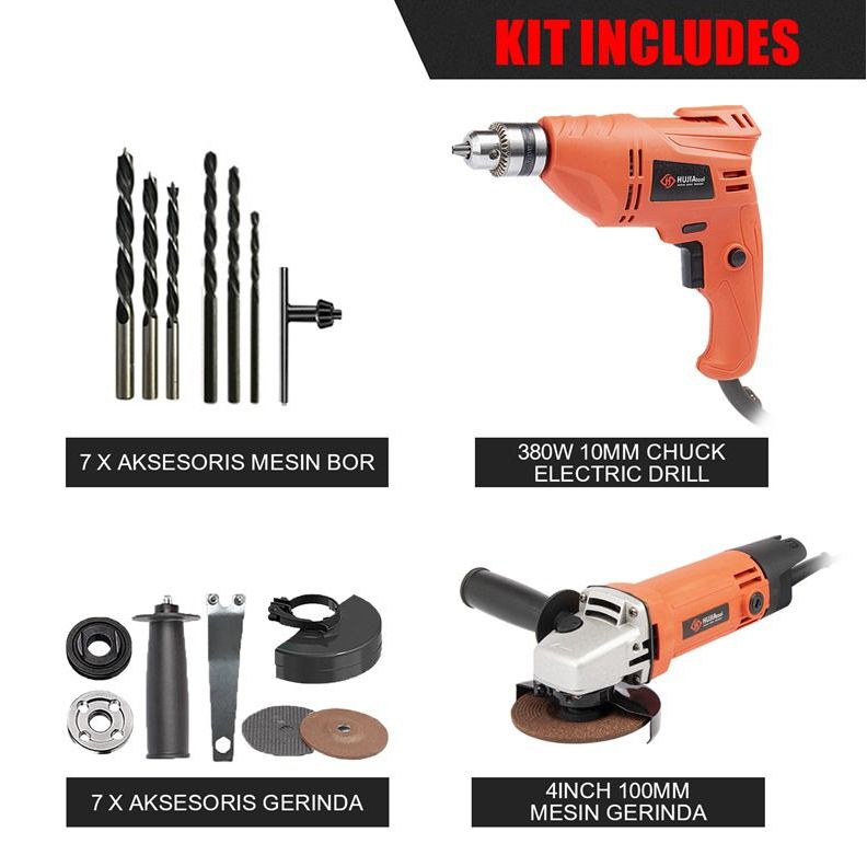 PAKET SET COMBO GERINDA HUJIA  2954 + BOR LISTRIK HUJIA 2110 FULLSET BERKUALITAS