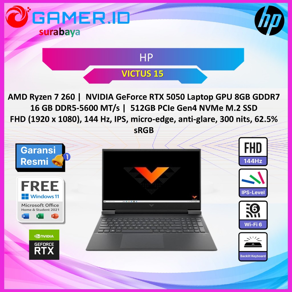 LAPTOP HP VICTUS 15 RYZEN 7 260 RTX5050 8GB/ 16GB 512GB 15.6FHD 144HZ