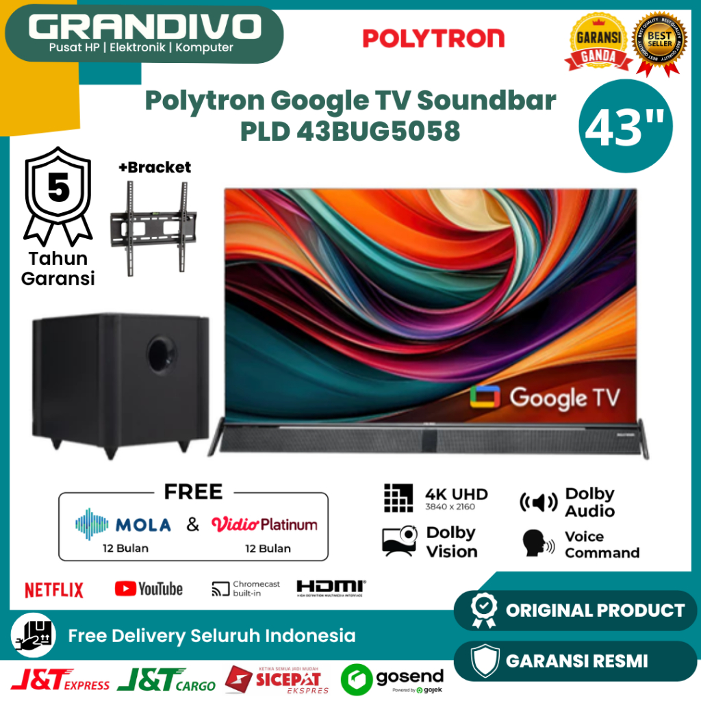 Polytron Google TV 43" + Soundbar 4K UHD Dolby Vision Atmos Bluetooth Voice Command - PLD 43BUG5058