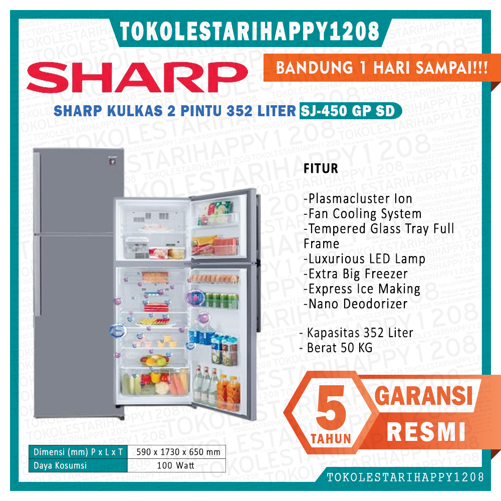 KULKAS SHARP SJ-450GP SD INVERTER 2 PINTU PLASMA SJ 450 GP SD Tanpa Bunga Es GARANSI RESMI
