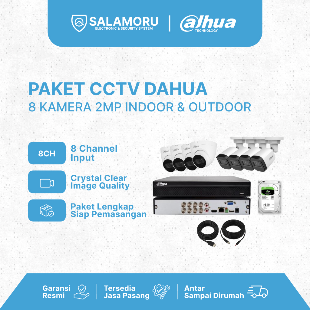 Paket CCTV Dahua 8CH 8 Kamera 2MP 1080p Indoor & Outdoor - Paket Kamera CCTV Komplit