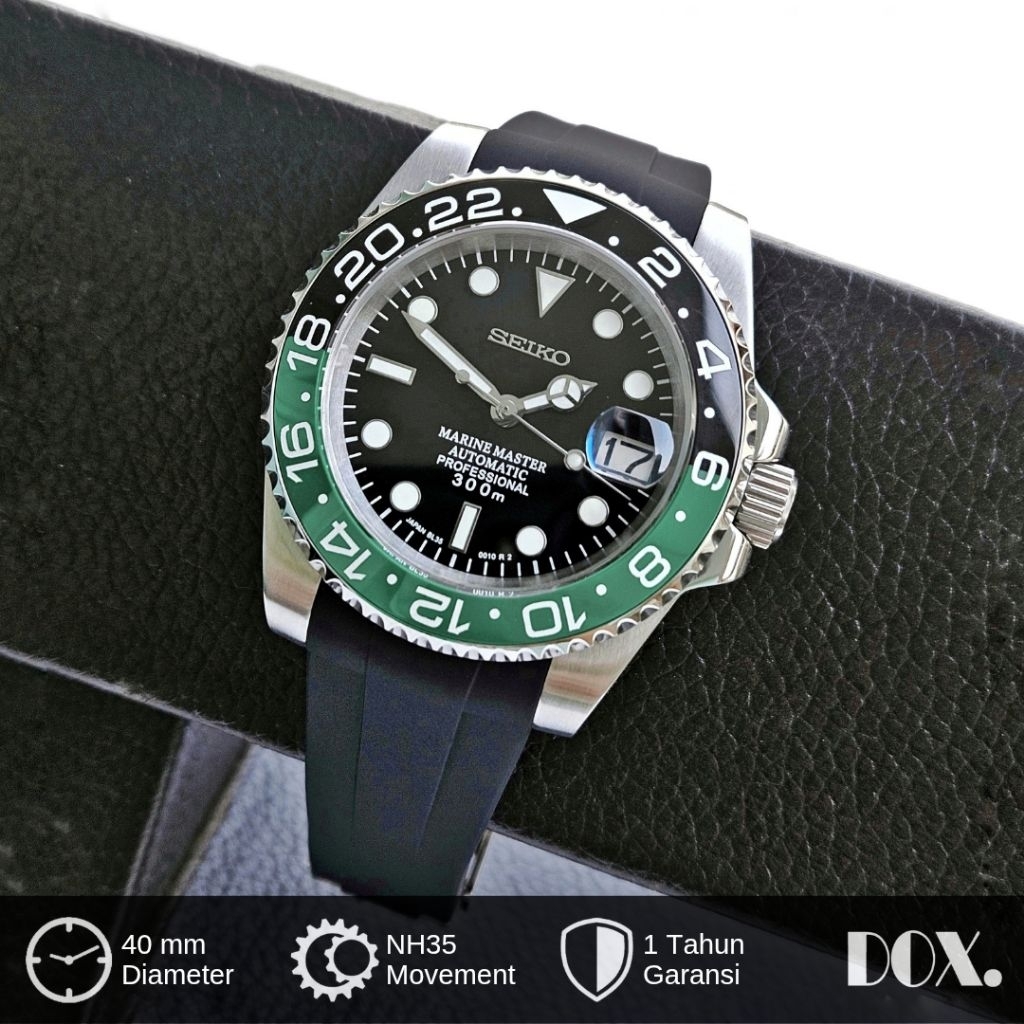 Jam Tangan Seiko Sprite NH35 Automatic Seikomod Submariner Strap Rubber Kaca Sapphire Ceramic Hitam 