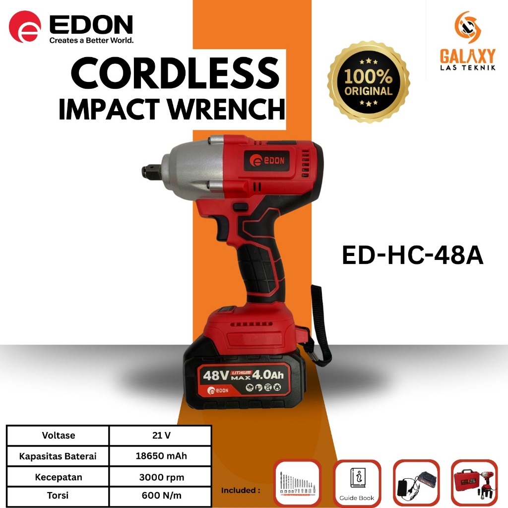 CORDLESS IMPACT WRENCH EDON 48V  600 N.M BOR BUKA BAUT KUNCI 48 VOLT 2 BATERAI 100% Original