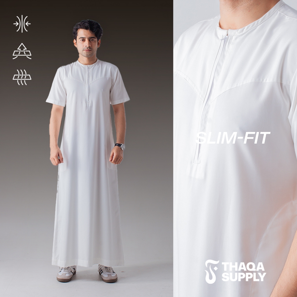 THAQASUPPLY | Jubah Pria Muslim Casual Slim Fit Thobe Lengan Pendek Ardan Series Putih