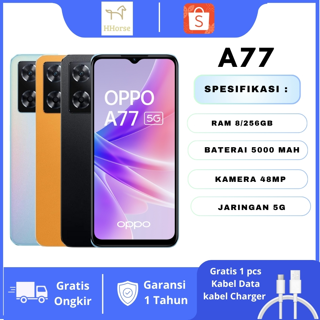 OPPO A77 8/256 GB Garansi 1 tahun , Jaringan 5GLayar 6.56" IPS LCD, Dual Kamera 48MP
