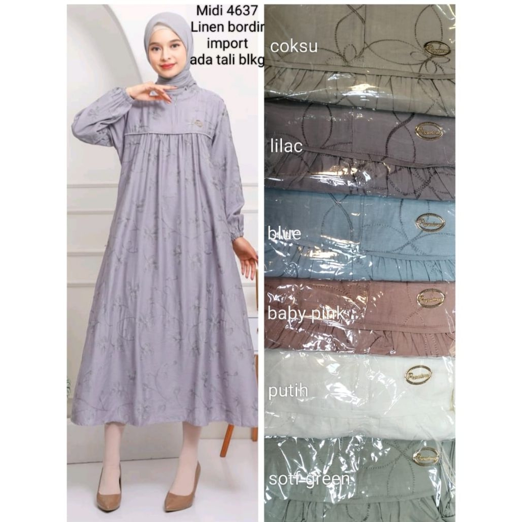 Midi Dress Najwa Bahan Polo Linen Premium Import Motif Full Bordir Midi Dress Najwa