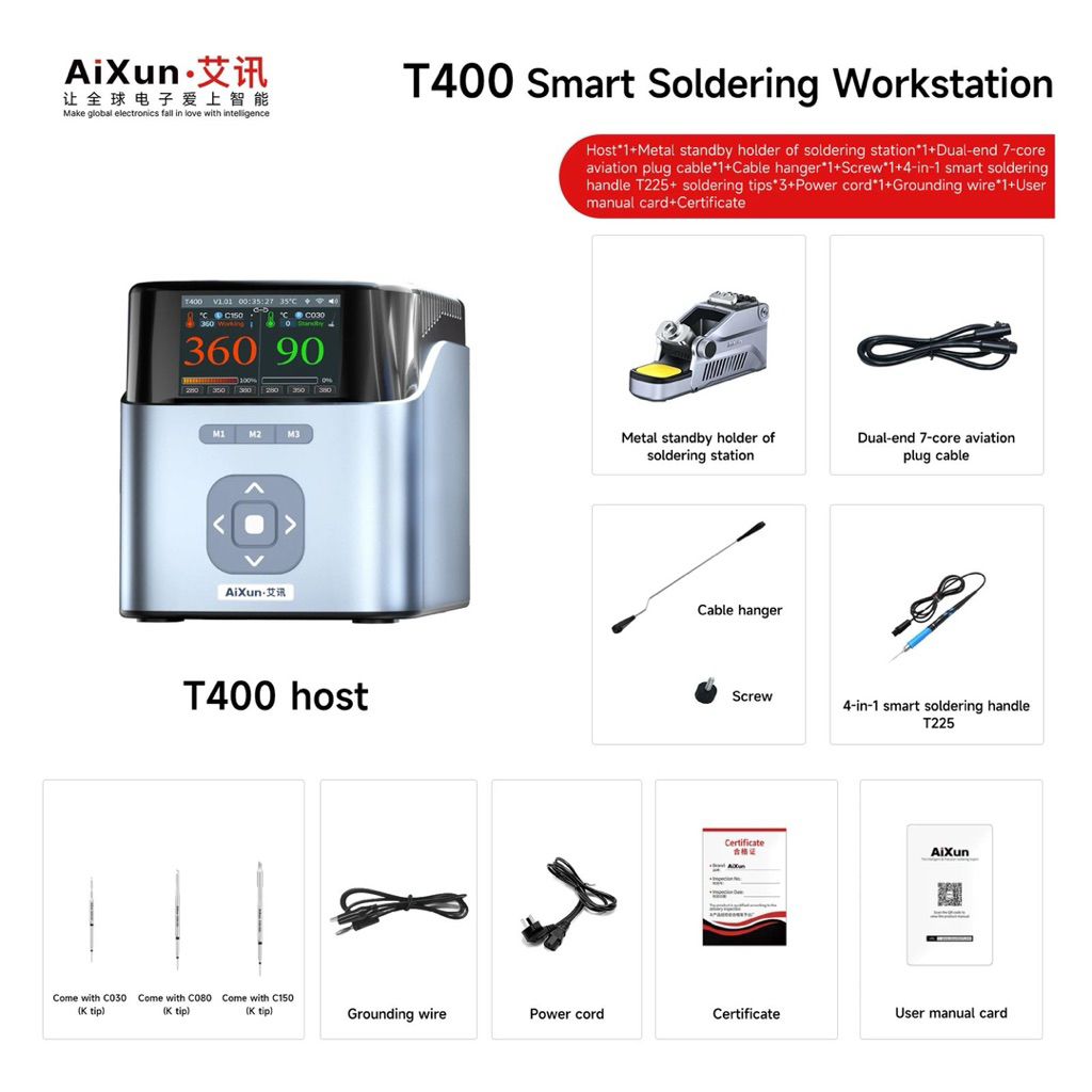 AIXUN T400 Soldering Station (225) With 030+080+150 K-Iron Tips)