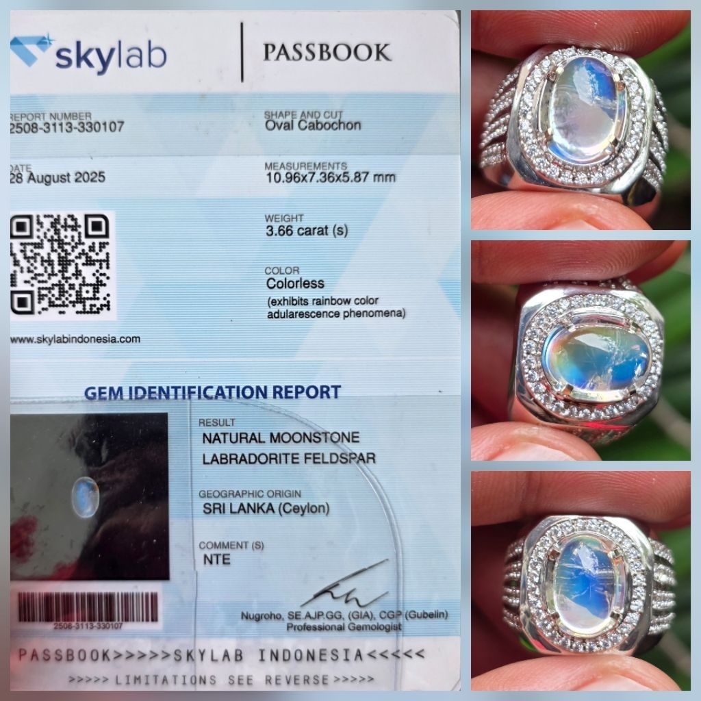 Batu Natural Biduri Bulan Rainbow Moonstone Sertifikat 3.66 crt