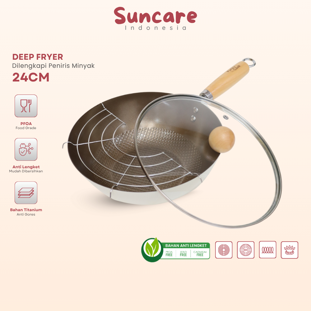 Suncare - Wajan Penggorengan 24CM Marble Coating Anti Lengket + Tutup Kaca & Peniris Minyak