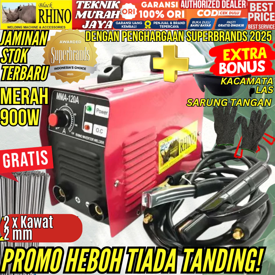 RHINO Mesin Las MMA 120A MERAH 900 Watt Mesin Trafo Travo Las Inverter MMA 120 A 450 Watt Biru Eco