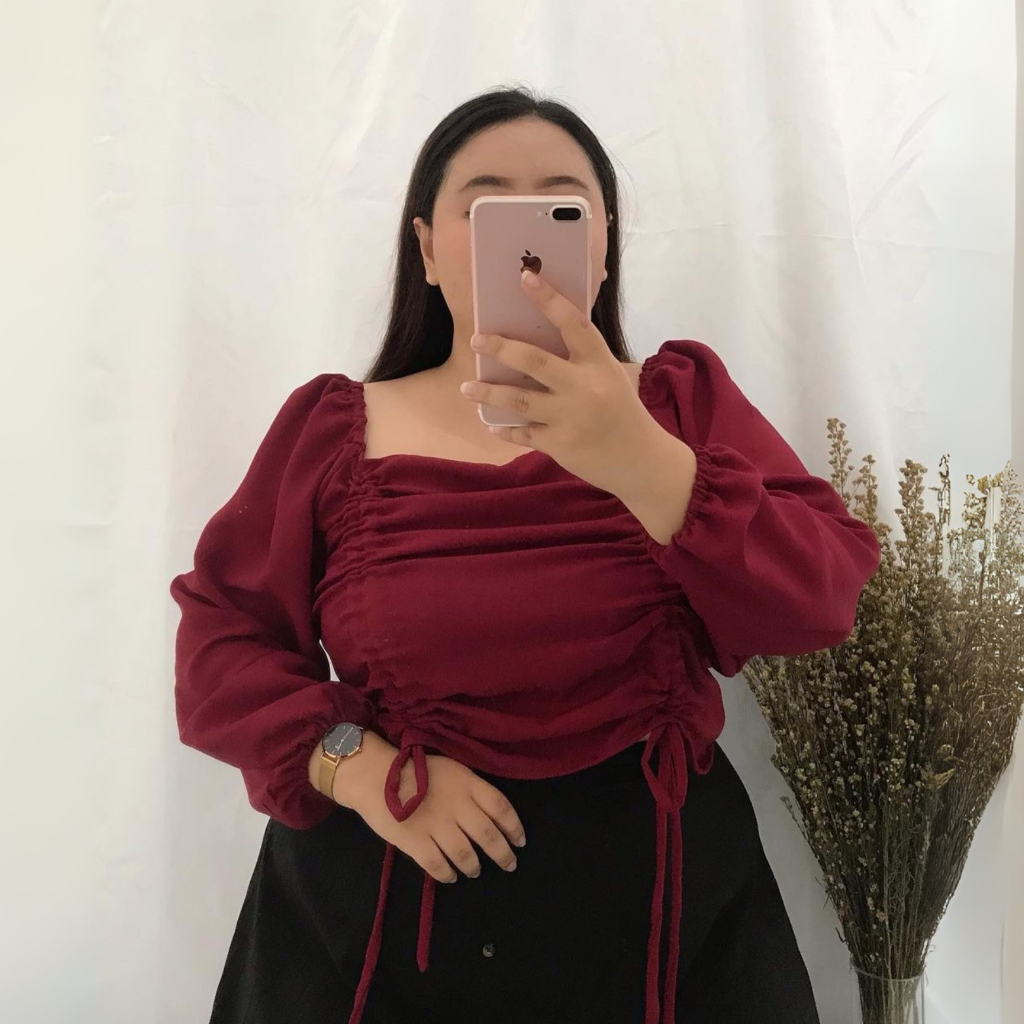 M-XXXXL MABELLE Baju Atasan Sabrina Irise Kerut/Serut Lengan Panjang/Balon Crop Top Big size Wanita