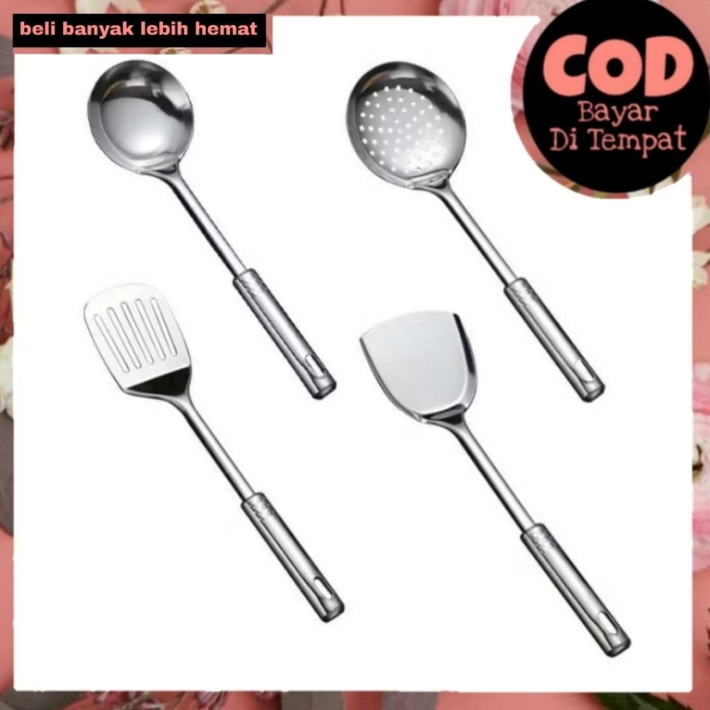 SET ISI 4 SPATULA STAINLESS SUTIL SET SENDOK SOUP SARINGAN STAINLESS (SHOPPING NOW)