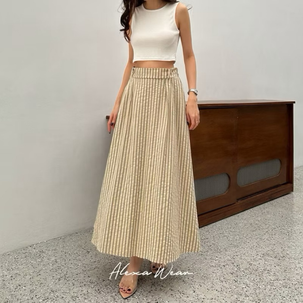 LUNA Striped Skirt - rok midi panjang linen motif garis salur stripe garis