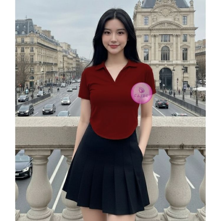 Crop Top V Neck Oval Atasan Wanita Lengan Pendek Kekinian 8001