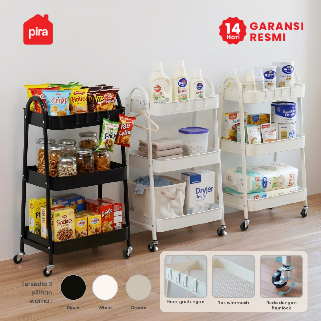 PIRA -  MIKU MKT3 Rak Troli / Rak Penyimpanan / Rak Serbaguna / Rak Besi 3 Susun dengan Roda