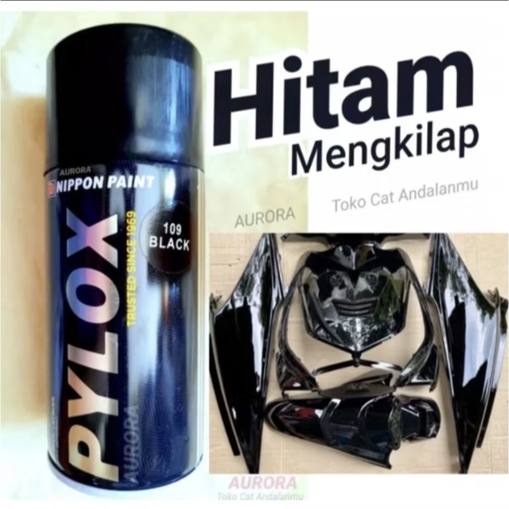 Pylox Black 109 Hitam Mengkilap Nippon Paint 300ml Pilok Tahan Bensin Cat Sepeda Motor Mobil dll