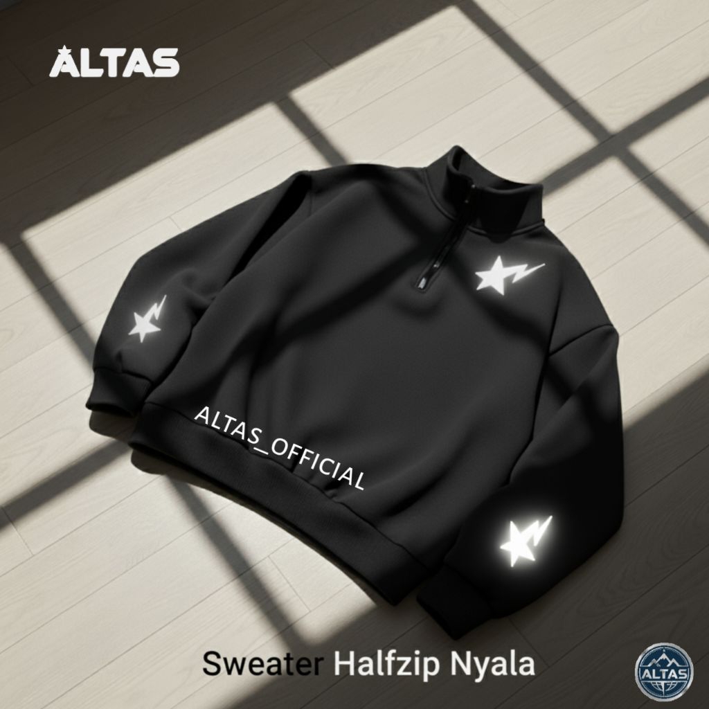 Altas Sweater nyala halfzipper bintang nyala reflektif hitam nyala trend pria wanita