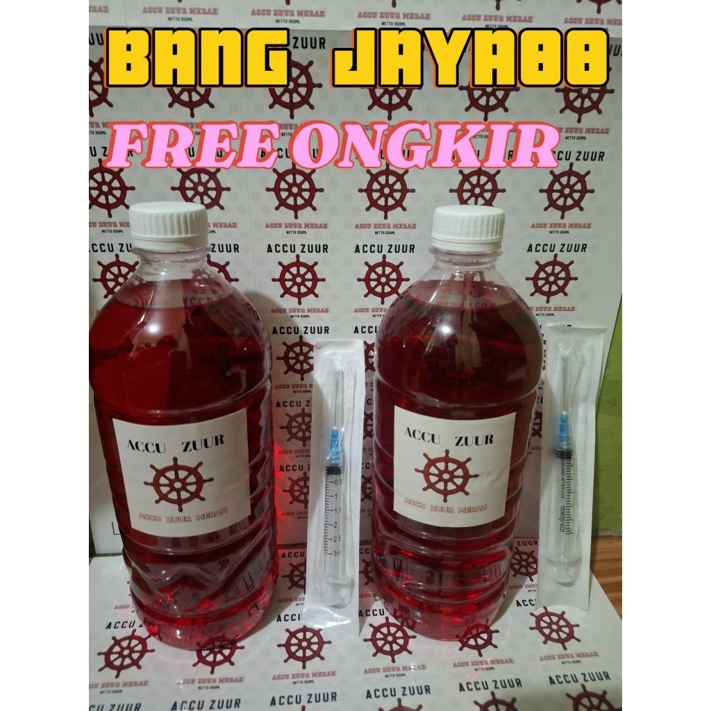 Air Zuur Super Merah Isi 1 Liter Air Aki Kering Paket 2 Botol Gratis Suntikan