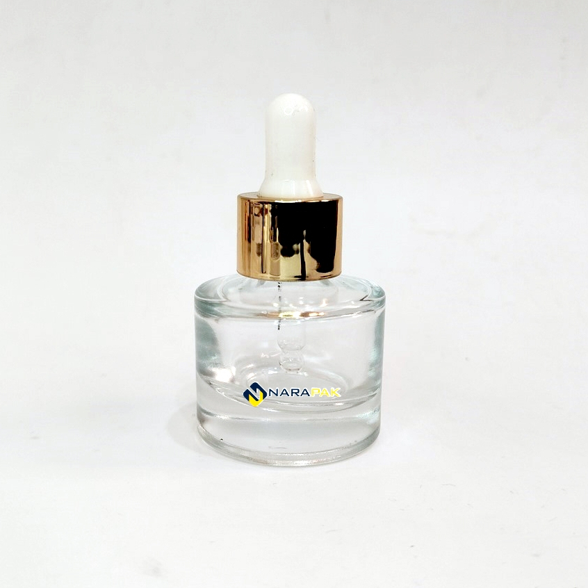 Botol Kaca 20ml Bulat Gemuk Kaca TEBAL Botol Pipet Serum Tutup Ring Gold Botol Skincare Premium