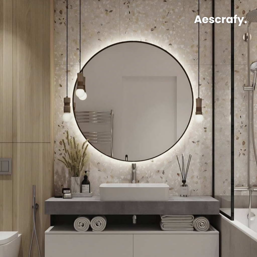 Aescrafy Cermin Bulat Frame Led – Cermin Dinding Bulat Dengan Frame Dan Lampu Led