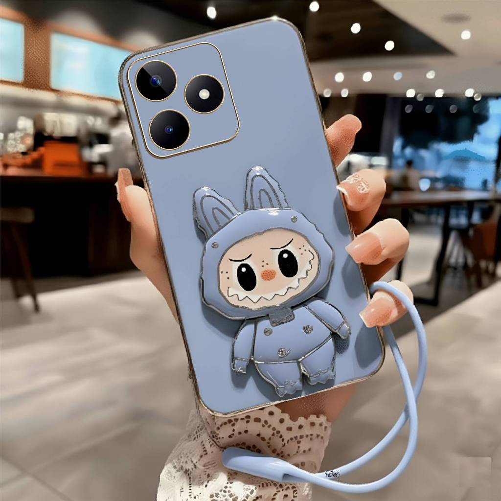 Soft Case Realme C53 C35 Casing Elektro Plating Labubu miror Free tali lanyard