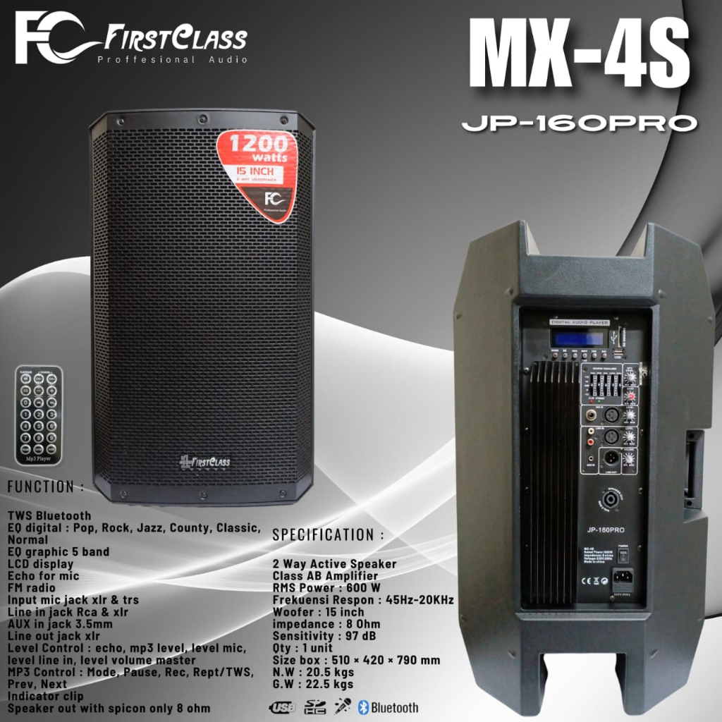 Speaker aktif 15 inch FirstClass JP160PRO MX4S MX 4S 1200 watt original satuan & 1 set