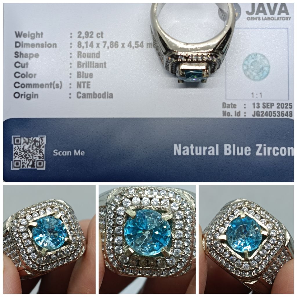Natural Blue Zircon Cambodia 2,9ct Top Luster memo JGL