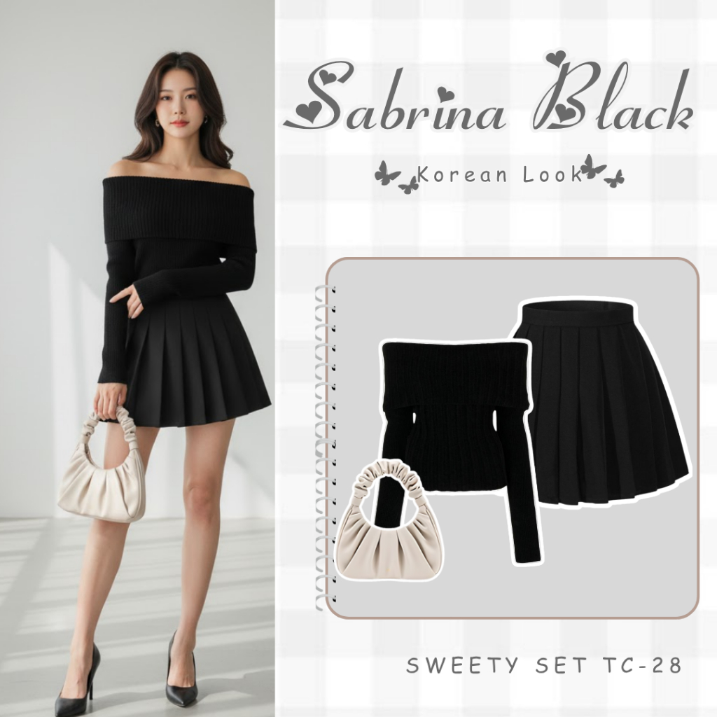 Outfit Set Wanita Korea ( Sabrina Top + Rok Pendek ) Setelan Oneset Chorong Baju Seksi Kekinian Ootd