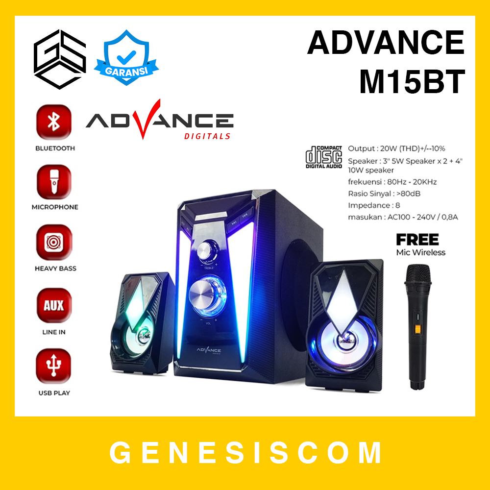ADVANCE Digitals M15BT (FREE MIC) - Speaker 2.1 Bluetooth Wireless Bass Desktop Multimedia RGB Micro