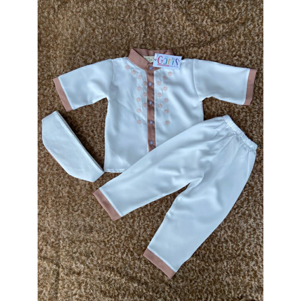 BAJU KOKO ANAK PUTIH COKLAT SETELAN PECI (BORDIR)