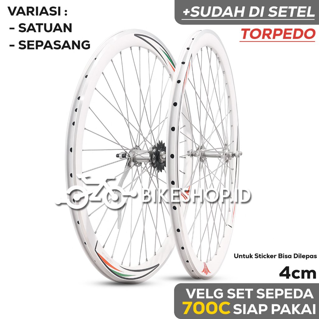 Velg Set Sepeda 700C 4CM PUTIH BELAKANG TORPEDO / DEPAN Alloy Rims Roda Siap Jadi Fixie Balap Road B