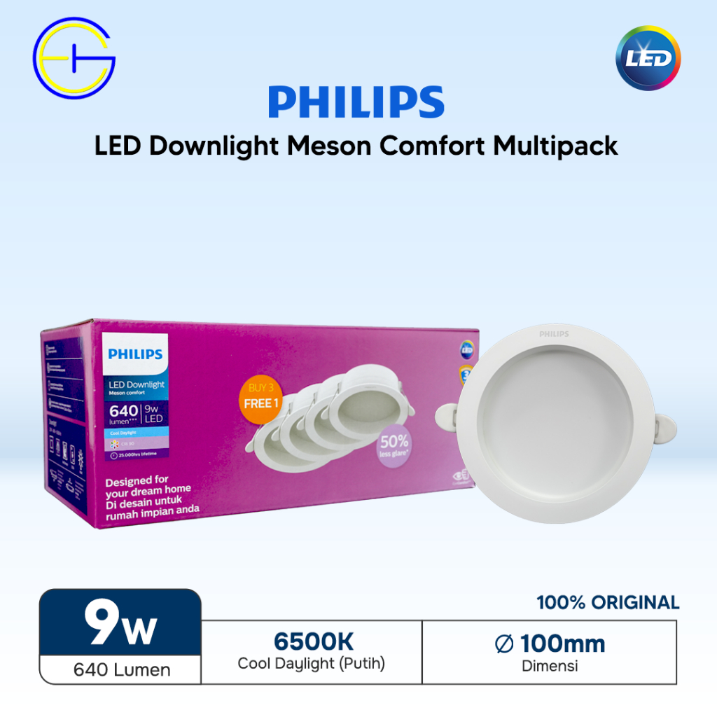 Lampu LED Downlight Pack isi 4 Meson Comfort Philips 9W D100 RC RD