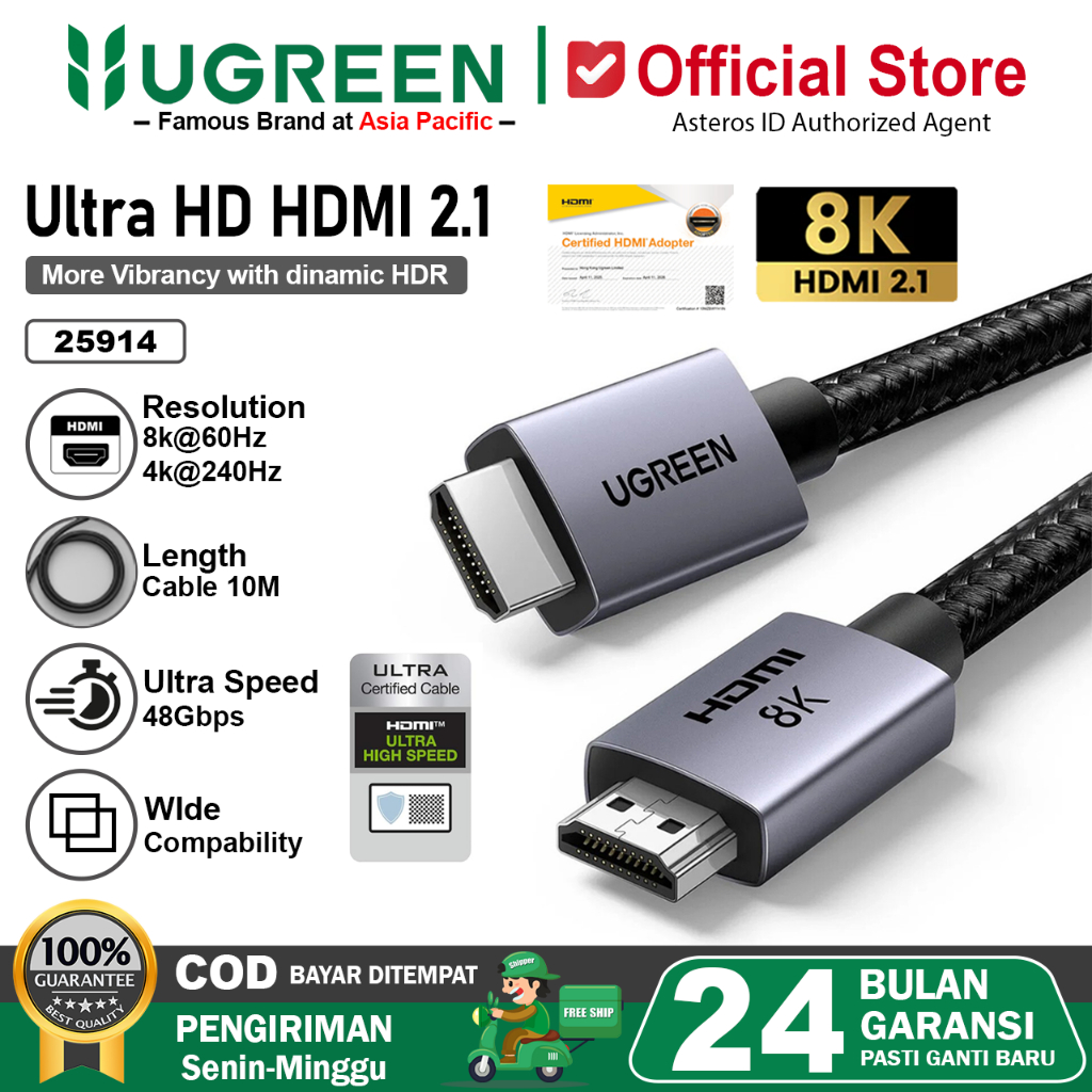 UGREEN Kabel HDMI 2.1 8K 60hz 4K 240Hz 165Hz 144Hz 120Hz 48Gbit/s High Speed HDR eARC 25914 Panjang 