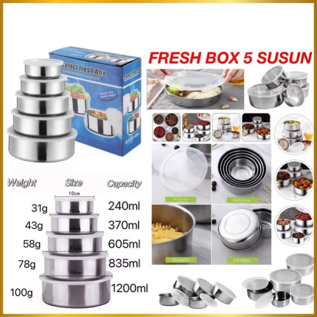 Fresh Box 5 Susun Stainless Steel Polos Dengan Tutup Box Rantang Stainless Steel Serbaguna