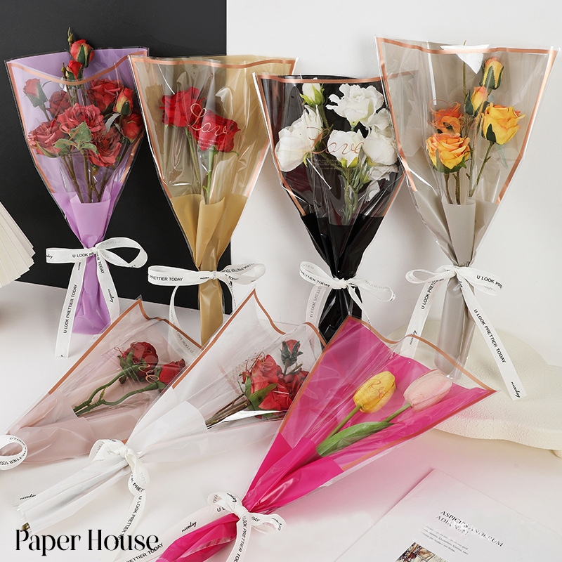 Plastik Bunga Mawar Rose Multi Tangkai LOVE Gold Flower Sleeve Mini Buket - Paper House