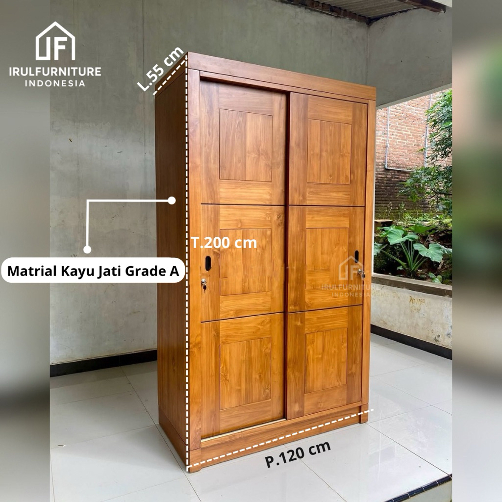 Lemari Pakaian- Lemari Baju Kayu Jati- Lemari Pakaian Kayu Jati 2 Pintu Geser Minimalis Modern | IFI
