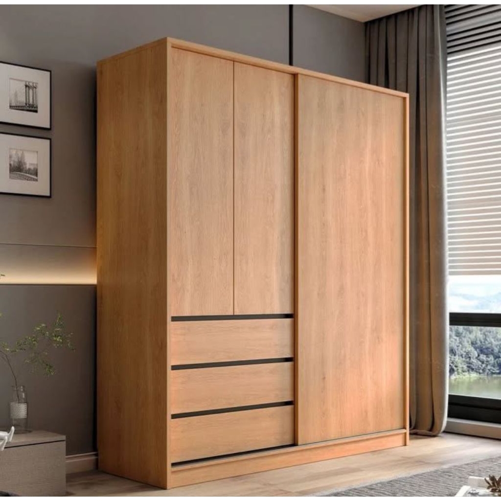 almari pakaian pintu 3 geser kayu jati, almari pakaian kayu jati