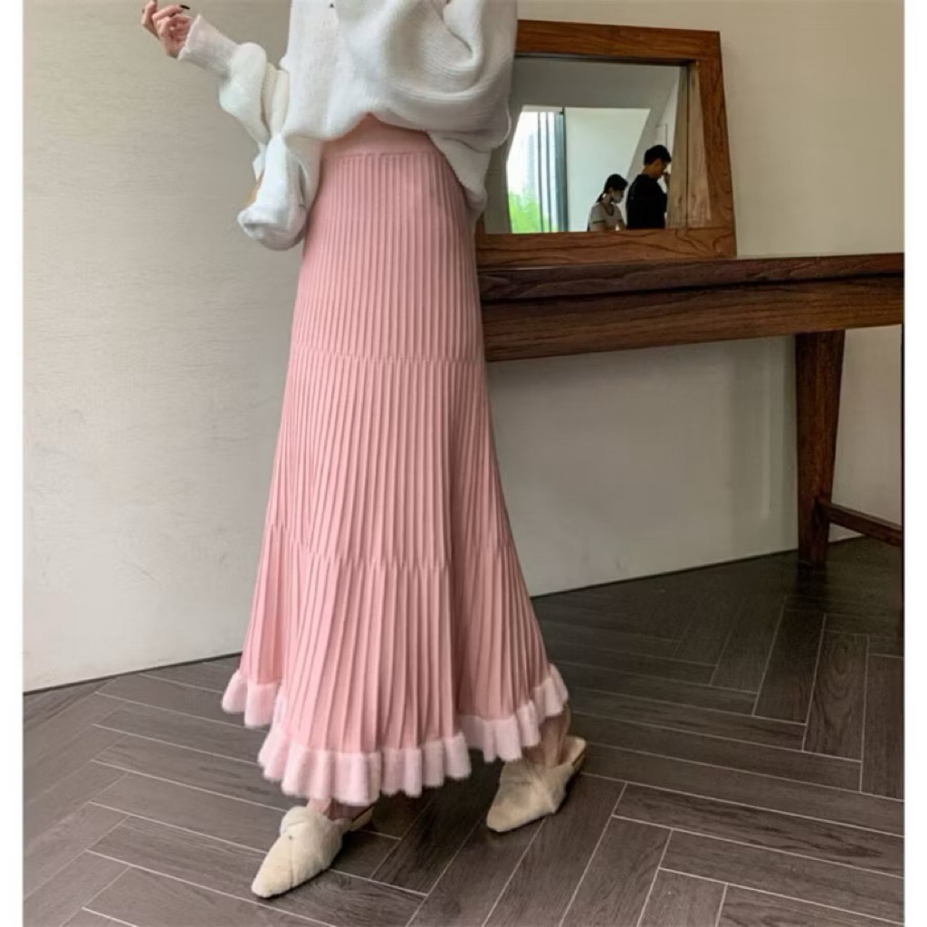 Rok 100% Import Kimmy Furry Touch Maxi Knit Skirt / Rok Rajut Kombinasi Bulu Wanita R5404