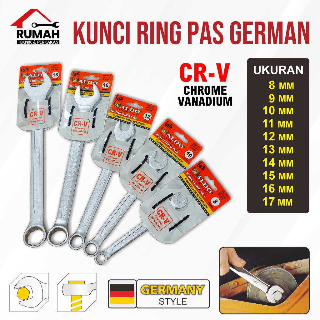 KUNCI RING PAS GERMAN CR-V (8/9/10/11/12/13/14/15/16/17 MM) / kunci ring pas kombinasi merk aldo