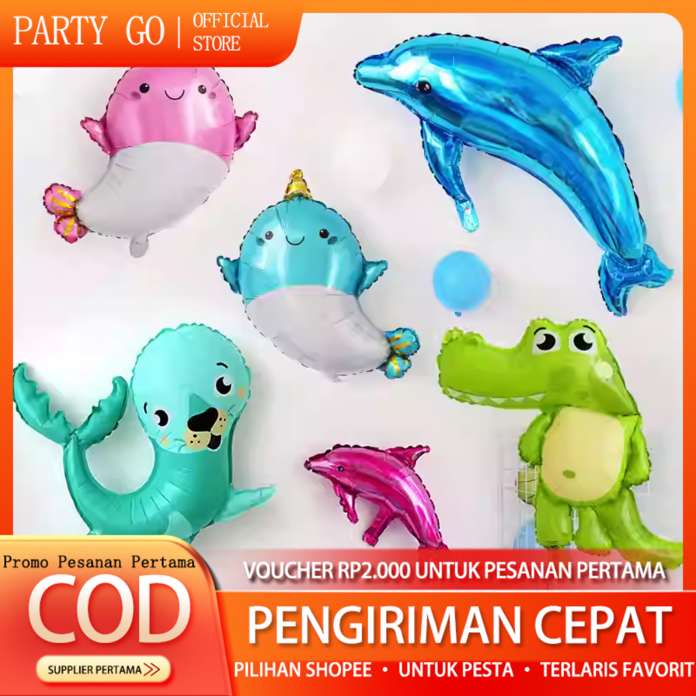 Balon Foil Dolphin JUMBO ( 1Pcs ) / Foil Lumba-lumba Pink Biru / Balon Ikan Hiu Bintang Laut Singa L
