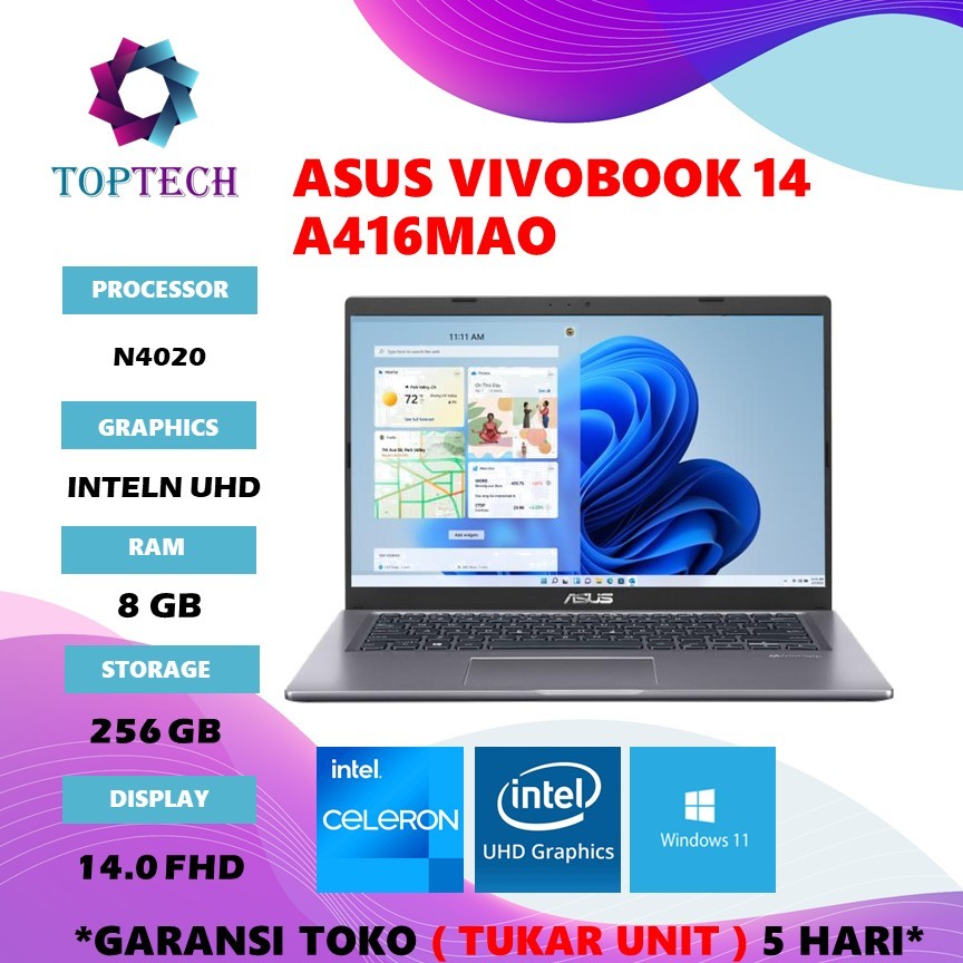 LAPTOP ASUS VIVOBOOK 14 A416MAO N4020 RAM 8GB SSD 256GB W11+OHS 14.0 FHD BLIT GRY -FHD427