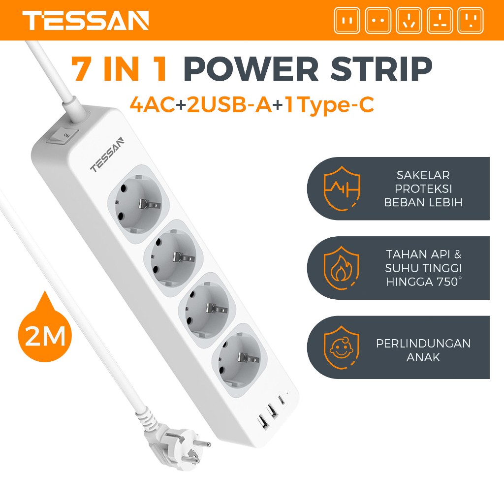 TESSAN Stop Kontak Kabel Power Strip Dengan 4AC+2USB+1Tipe-C,Colokan Listrik Surge Protector Socket