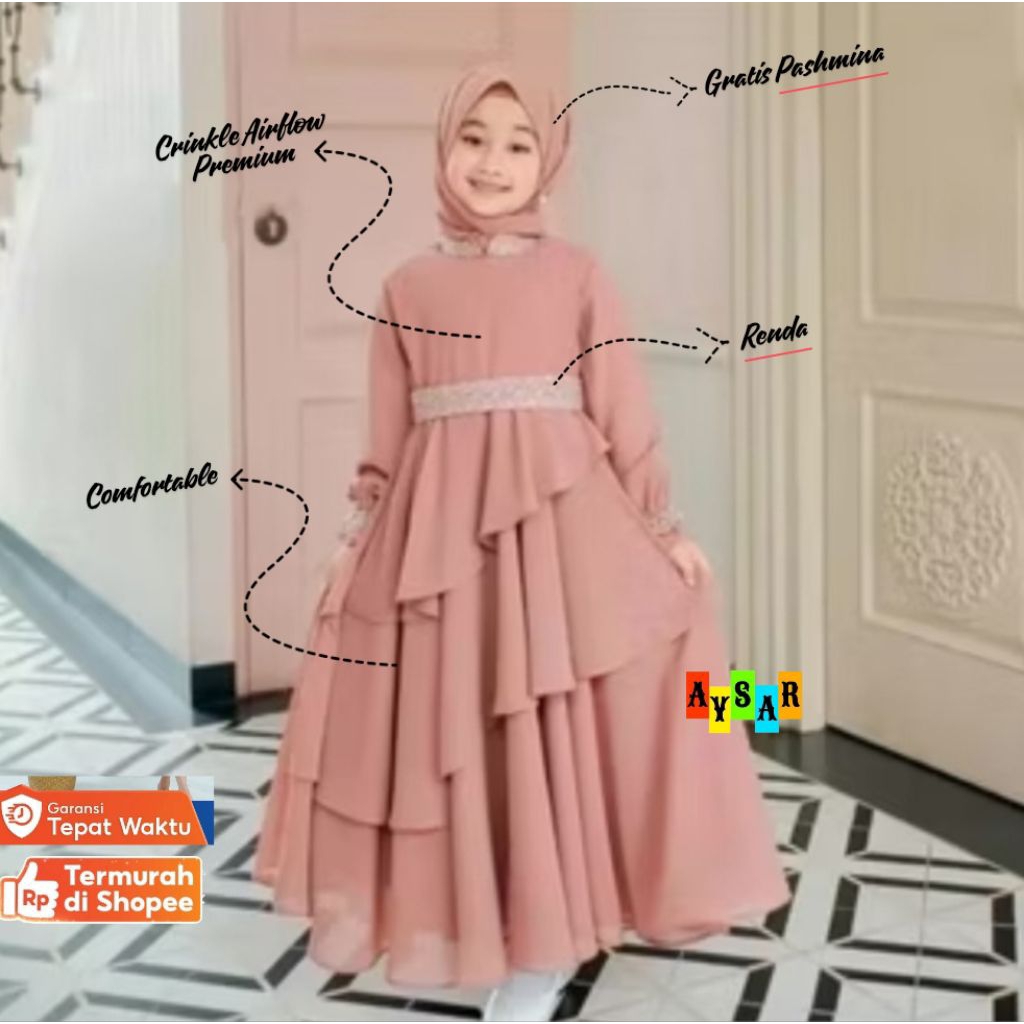 Gamis Anak Perempuan Mikayla Kids Crinkle Airflow Premium mix Renda Terbaru