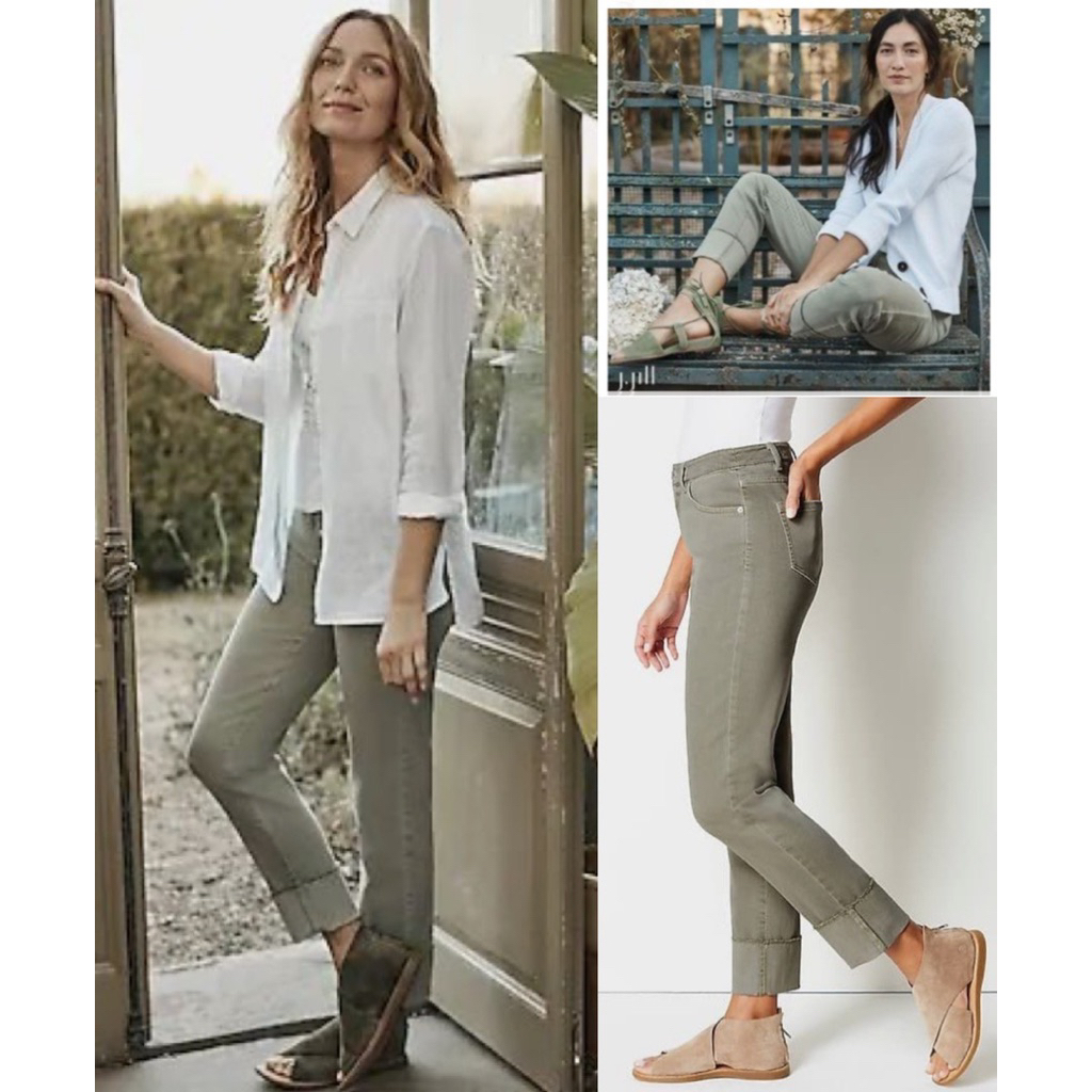 celana panjang wanita / JJL soft denim high rise straight leg cuffed jeans (olive green)