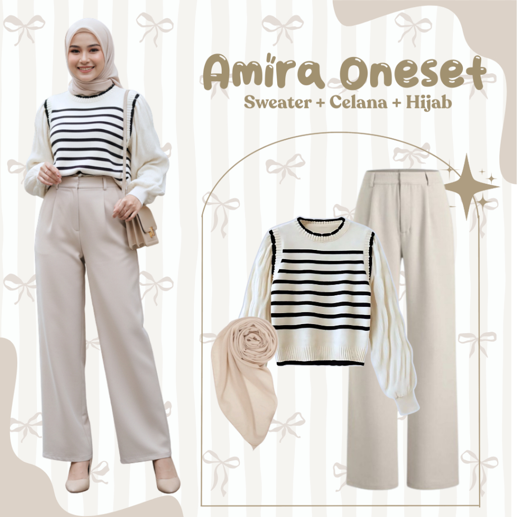 Amira Oneset | OOTD Set Sweater + Celana  Hijab | Outfit Wanita Hijab Kekinian | Setelan Simple BW21