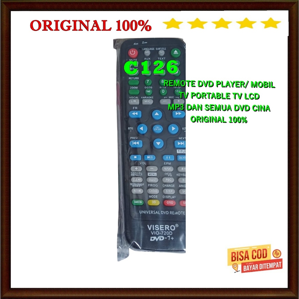C126 100% ORI REMOTE VISERO DVD PLAYER DVD MOBIL SERBA GUNA TV PORTABLE TV LCD MP3 CINA REMOT MULTI 