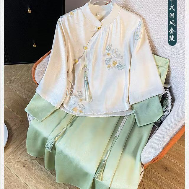 Setelan Wanita, Rok Muka Kuda Gaya China, Hanfu Atasan Gaya China